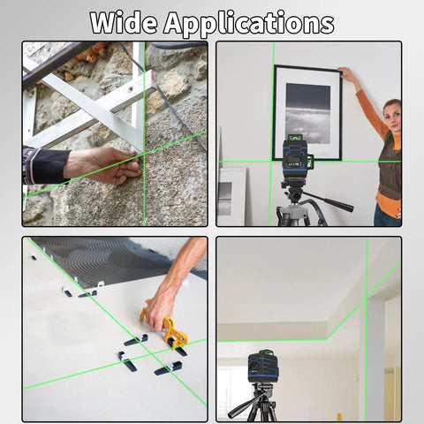 Self Leveling Laser Level With Three 360 Degree Lasers Horizontal And Two Vertical Cross Lines For Full Room Layout Green Cross Line Laser Tool With 100 Feet Range Easy On Off H And V Controls And Pro Grade Durable Construction used for wall, ceiling, and tile alignment