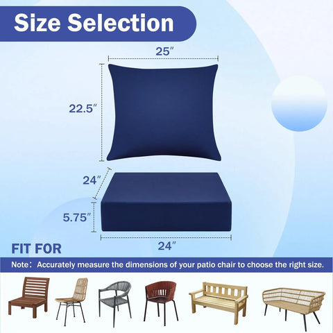 Outdoor Chair Cushions Set Twenty Four By Twenty Four Inch Deep Seat And Twenty Five By Twenty Two And A Half Inch Back Cushion Waterproof Fade Resistant Navy Blue Size Guide