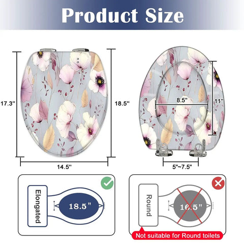 Soft Close Elongated Toilet Seat for Bathroom with floral design dimensions: 18.5 inches long, 14.5 inches wide.