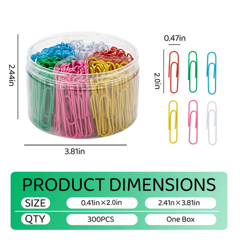 Two Inch Multicolor Paper Clips And Binder Clips 300 Pack For Office And School Rust Resistant And Durable Metal Clips shown in jar
