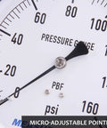 Close-up of Big 4.5 Inch Dial Water Pressure Gauge With Lead Free Stainless Steel Case, showing micro-adjustable pointer.