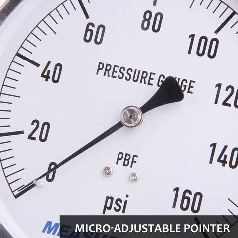 Close-up of Big 4.5 Inch Dial Water Pressure Gauge With Lead Free Stainless Steel Case, showing micro-adjustable pointer.