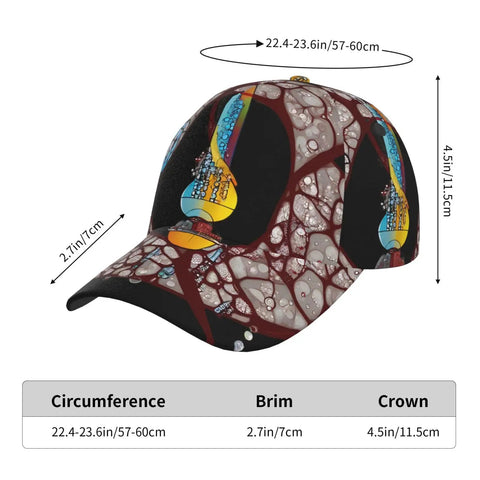 Conveyor Belt Print Curved Brim Baseball Cap For Golf And Baseball Training, breathable polyester, lightweight black hat with measurements