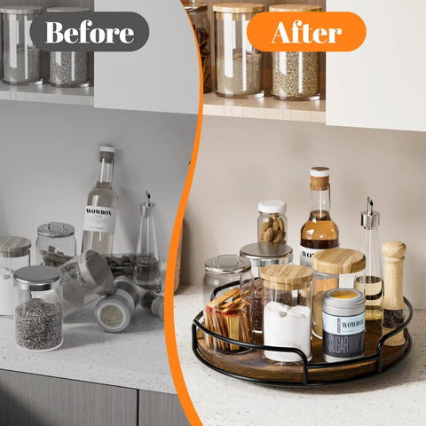 9 Inch Wooden Lazy Susan Organizer With 360 Degree Rotation for table top with spices before and after organization