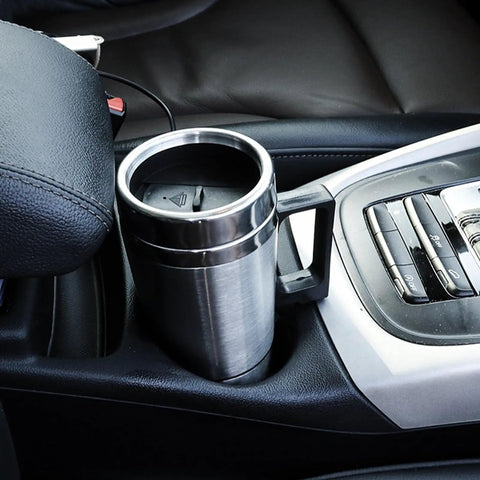 12V And 24V Car Kettle Heats Fast Stainless Steel Travel Mug For Sedans in vehicle cup holder next to gear console.