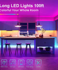 Modern kitchen with 100 Ft RGB LED Strip Lights With Remote And App Control For Bedroom TV And Kitchen Decor Bluetooth Music Sync Rope Lights.