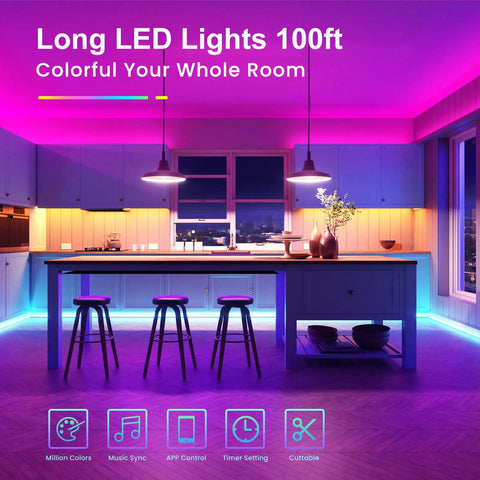 100 Ft Bluetooth RGB LED Light Strip Kit With App And Remote Control, illuminating a modern kitchen in purple and blue hues.