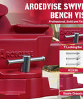 8 Inch Bench Vise Heavy Duty With 7.5 Inch Jaw Opening And 210 Degree Swivel Base 4.5 Inch Throat Depth Multi Jaw Design For Flat And Round Material Great For Large Projects Pipes And Bulky Workpieces, red cast iron bench vise with T locking bar and stable chassis