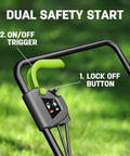 Handle with dual safety start of 13 Inch Electric Lawn Mower With 1300W Corded Power Lightweight And Compact Gate Friendly For Small To Medium Yards Easy Push No Battery Hassle Just Plug In And Go.