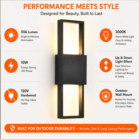 Modern Outdoor Wall Sconce 2 Pack, Up Down LED Light, 3000K, Hardwired with dual direction lighting effect.