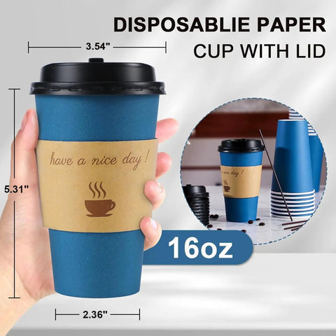 Person holding a 16 oz navy disposable cup with lid, sleeve, and stir stick, showcasing 100 Pack 16 Oz Disposable To Go Coffee Cups.