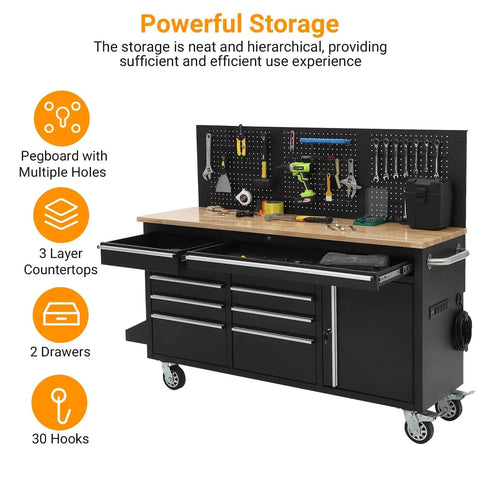 61 Inch Rolling Tool Chest With 10 Drawers Rubber Wood Top Heavy Duty Metal Cabinet Locking System Power Strip Drawer Liners