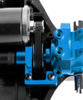Close-up of TT02 Beefed-Up Belt Drive RC Car Transmission System with blue aluminum pulleys for Tamiya 1/10 4WD on-road racing cars.