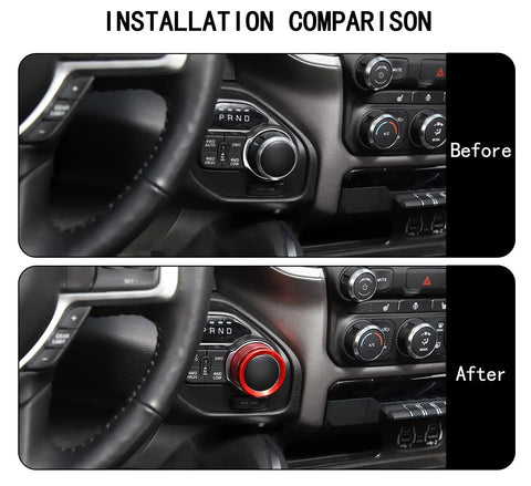 Installation comparison before and after applying the Aluminum Headlight And Gear Shift Knob Cover Set For Dodge RAM 2018 2026 Red 2Pc Easy Slip On Interior Accessory Slick Upgrade For Ram Trucks Not For Rebel Models Durable Anodized Aluminum Finish.