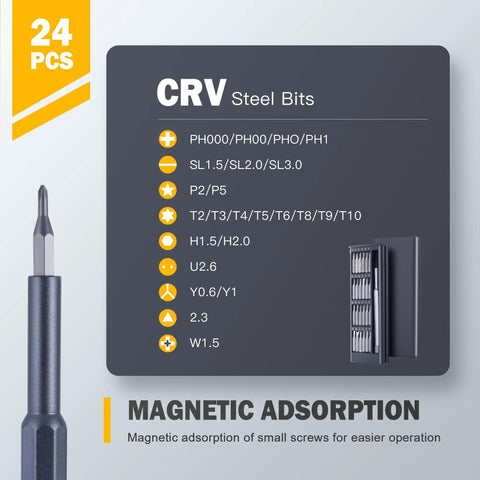 Pro Grade All In One 25in1 Precision Screwdriver Set With Magnetic Mini Repair Kit, 24 Bearing Steel Bits and magnetic adsorption