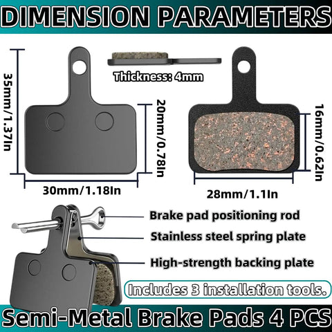 Dimension parameters of 4 Pairs Bike Brake Pads Resin And Semi Metallic Ebike Disc Brake Pads with installation tools shown