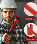 Person holding 4 In 1 Door Hinge Gap Adjuster, red heavy-duty tool for quick and easy door alignment, painted steel material.
