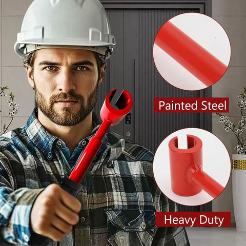 Person holding 4 In 1 Door Hinge Gap Adjuster, red heavy-duty tool for quick and easy door alignment, painted steel material.