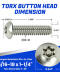 Bulletproof Torx Security Machine Screws 5/16-18 X 1-1/4 Inch stainless steel dimension details on button head design.