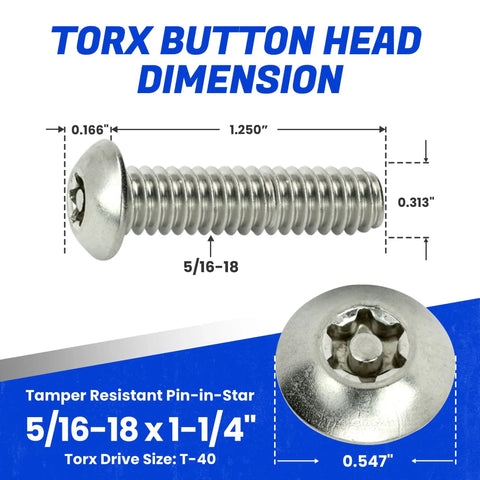 Bulletproof Torx Security Machine Screws 5/16-18 X 1-1/4 Inch stainless steel dimension details on button head design.