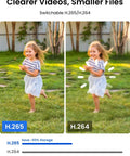 Side-by-side comparison of H.265 and H.264 video clarity with a girl running in a garden, showing storage savings with clearer video quality.