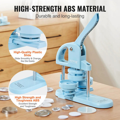 Three In One Button Maker Kit With 25mm 32mm And 58mm Sizes, Ergonomic Arc Handle Punch Press, 300 Button Parts, DIY Badge Maker Totally Fun For Kids And Crafters, Create Badges, Keychains, Magnets, Mirrors, And More, Panda Book Included Blue showing high-strength ABS material