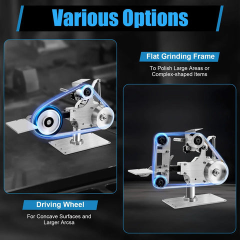 Heavy Duty Bench Grinder And Knife Sharpener With 1x30 Belt Sander Plus Polishing Wheel Tool showing flat grinding frame and driving wheel.