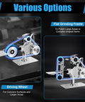 Heavy Duty 30 Inch Belt Grinder Sander With Slick Variable Speed Control And Swappable Flat Sanding Frame Plus Disc Wheel For Knocking Out Tight Metal Wood Polish Jobs, showcasing flat grinding frame and driving wheel.