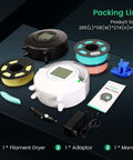 Filament Dryer S2 for 3D Printer, 70 Degree C Max, Built In Circulation Fan, shown with accessories and filament spools.