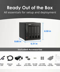 4 Bay Desktop Nas With Intel Quad Core Cpu Boosting To 2.9 Ghz Paired With 8Gb Ram showing dimensions and included accessories.