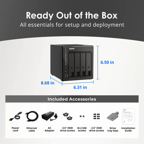 4 Bay Desktop Nas With Intel Quad Core Cpu Boosting To 2.9 Ghz Paired With 8Gb Ram showing dimensions and included accessories.