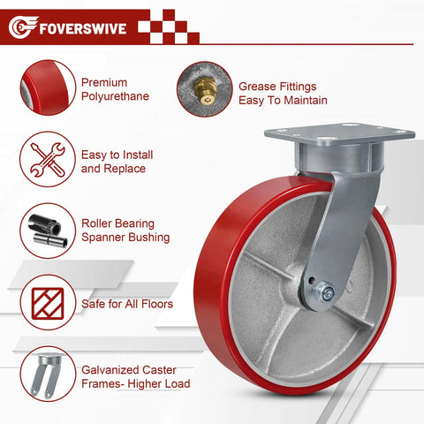 Built Like A Tank 8x2 Heavy Duty Casters Pair Kingpinless Polyurethane Wheels With Hardened Steel Cores And Precision Roll Bearings showing a premium red caster wheel with grease fittings.