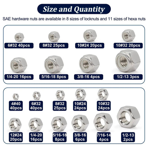 345 Piece SAE Hex Nut and Lock Nut Kit in 304 Stainless Steel showing size and quantity for 136 lock nuts and 209 hex nuts