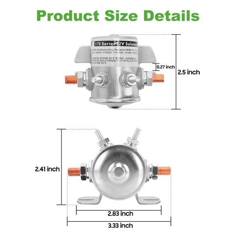 250 Amp Continuous Duty 12V Solenoid Relay dimensions with copper contacts for EZGO Golf Cart 1979-1994, 70 Series.