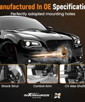 Car parts including shock strut, control arm, and CV axel shaft on a black sedan highlighting OE specifications