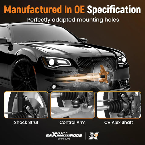 Car parts including shock strut, control arm, and CV axel shaft on a black sedan highlighting OE specifications