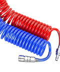 Straight Up Heavy Duty Pu Spring Air Hose With Retractable Spiral Design For High Pressure Pneumatic Systems Featuring A No Nonsense Plug And Play Quick Connector In Bright Blue At Fifteen Meter Length with red and blue coils.