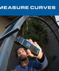 Person using 3-In-1 Digital Measurement Tool With Laser Measure, Tape Attachment, And Wheel Adapter for curves on metal frame
