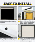Step-by-step installation guide for Built Tough Garage Door Brush Seal Kit, showing measuring, aligning, nailing, and checking.
