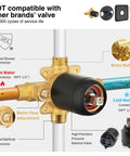 Close-up of brass body valve components for Dope Matte Black Tub Shower Faucet Set with labeled water connections.