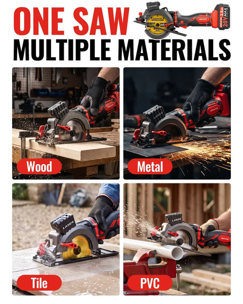 20V Cordless Mini Circular Saw Featuring Beast Mode 4500 RPM Kick cutting through wood, metal, tile, and PVC materials for precision work.