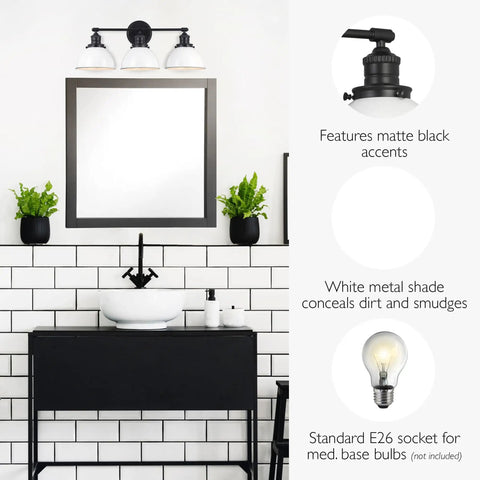 Savannah Rustic Farmhouse Three Light Vanity Light Dimmable Matte Black Finish With White Metal Shades in modern bathroom