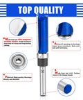 Four Piece Set Of Tough As Nails Tungsten Carbide Flush Trim Router Bits With 1/4 Inch Guided Shank For Slick Woodworking Cuts Perfect For Millwork Shop close-up of blue carbide router bit highlighting quality materials and precision design.