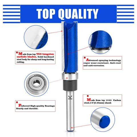 Four Piece Set Of Tough As Nails Tungsten Carbide Flush Trim Router Bits With 1/4 Inch Guided Shank For Slick Woodworking Cuts Perfect For Millwork Shop close-up of blue carbide router bit highlighting quality materials and precision design.