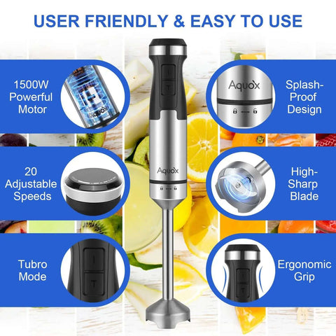 Powerful 1500W Corded Immersion Blender Handheld 5 In 1 Mixing Kit With 20 Speed Options Turbo Boost features ergonomic grip and sharp blade.