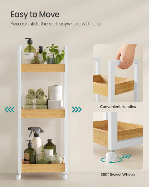Ultra Slim Bamboo Rolling Cart With Three Adjustable Shelves Super Handy For Tiny Bathrooms And Narrow Passages Cool Spot For Showing Potted Greenery Or Stashing Shower Supplies Smooth Gliding Base With Locked Wheels Manages Serious Weight Without A Sweat