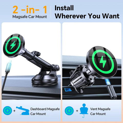 MagSafe Car Mount Charger With Ultra Magnetic Phone Holder for IPhone 12 Through 17 dashboard and vent mounting options shown