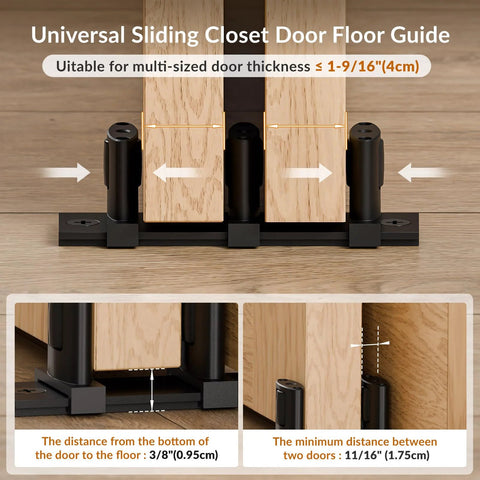 Three Roller Adjustable Floor Guide For Siding Closet Doors And Bypass Sliding Doors Aluminum Construction Durable Bottom Guide For Smooth Glide Easy Install And Door Protection Black Finish in use with multi-sized door thickness.