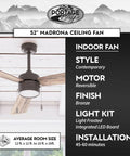 Madrona 52 Inch Bronze Ceiling Fan With A Smooth Quiet Reversible Motor And Lit LED Light Kit in a styled room display