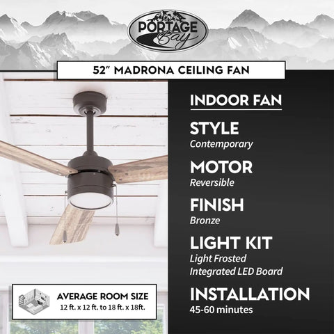 Madrona 52 Inch Bronze Ceiling Fan With A Smooth Quiet Reversible Motor And Lit LED Light Kit in a styled room display